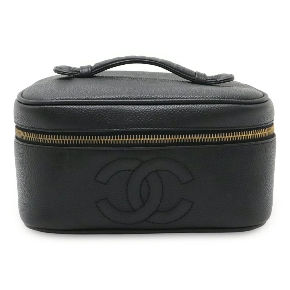 CHANEL Black Caviar Leather Logo Pouch